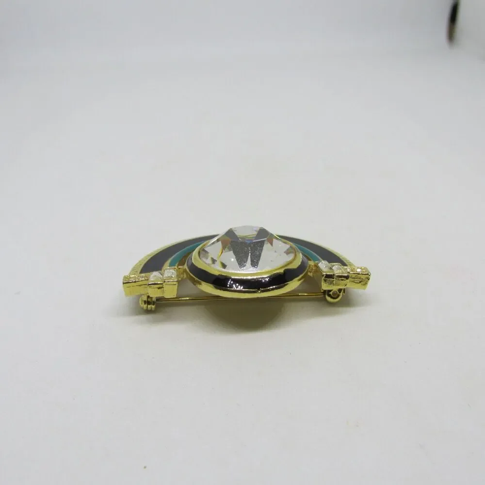 Vtg 1980s Art Deco Revival Brooch Black Teal Enamel Geometric Fan Rhinestone Pin